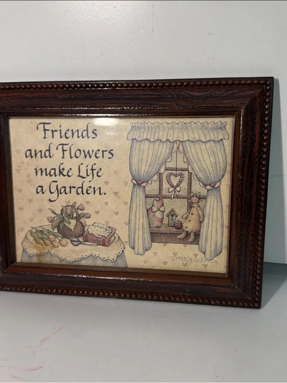 Friends and Flowers Framed Wall Art - Cream and Brown Rustic Frame